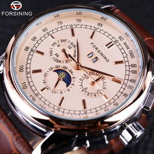 Forsining Moon Phase Shanghai Movement Rose Gold Case Brown Bracelet en cuir véritable Montres pour hommes Top Brand Luxury Auotmatic Watch