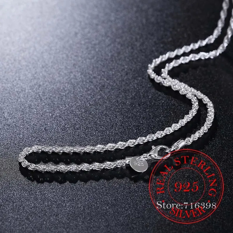 Real 100% 925 sterling silver Men's Fine Jewelry 3mm twisted rope chain necklace Size 16-30inch charm necklace Colar