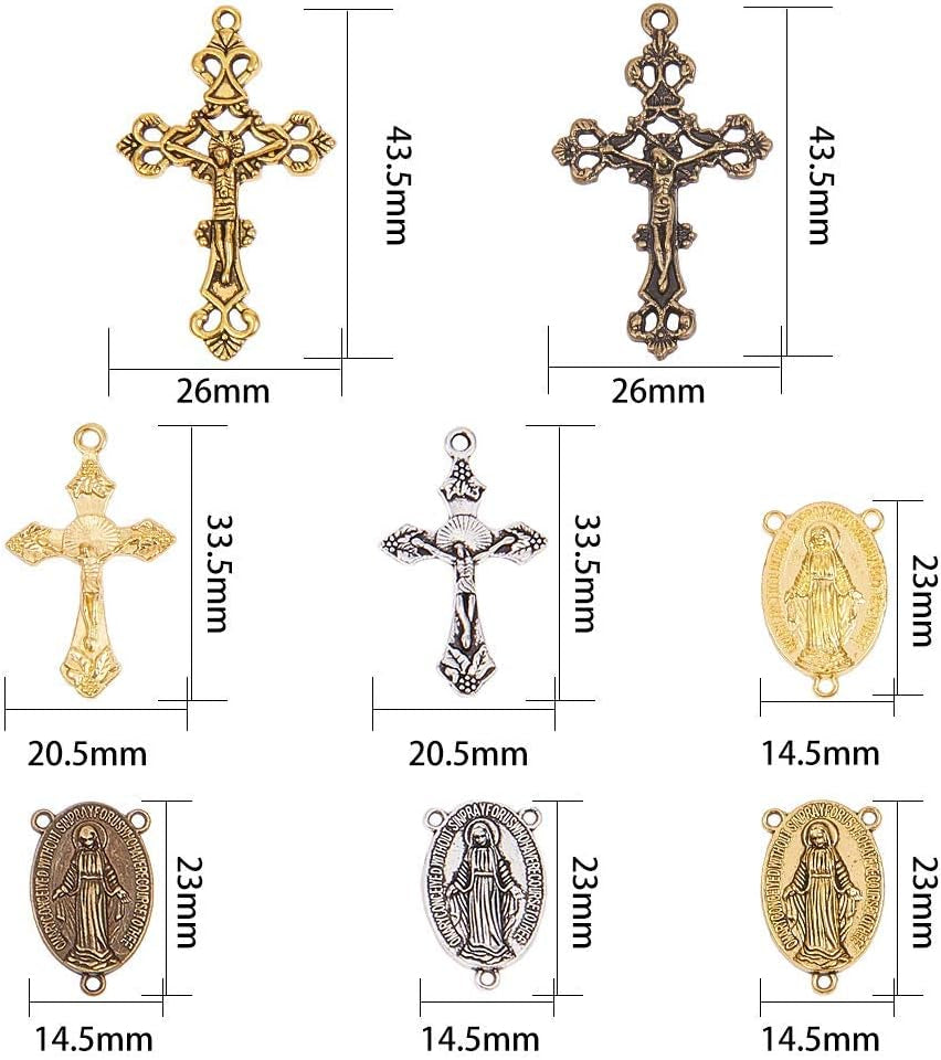 Tibetan Style Rosary Cross Charms and Center Miraculous Medal Easter Vintage Cross Crucifix Pendants Oval Chandelier Links Bronze Connector Charm for Rosary Bead Necklace Making Supplies