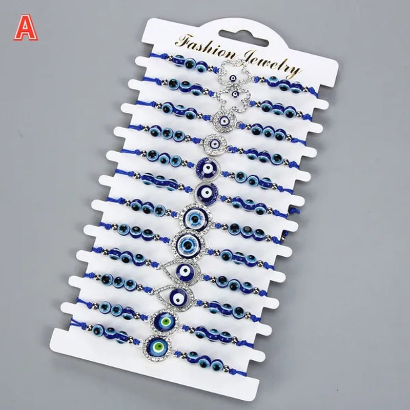 12 Pcs/Set Bohemian Handmade Braided Rope Charm Bracelets Rhinestone Blue round Beads Evil Eye Bracelet for Women Men Friendship Jewelry Gifts