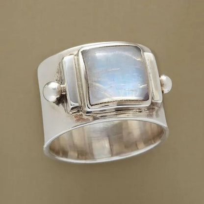 American Europe Women's Fashion Jewelry Antique Silver Natural Gem Moonstone Ring Ladies Engagement Wedding Anniversary Ring for Mom Wife Girlfriend Birthday Gift Jewelry Size US4-11