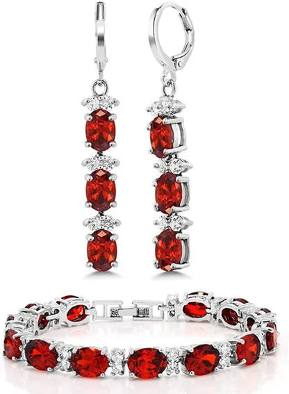 7 Inch Emerald Amethyst Ruby Sapphire and White Tennis Bracelet Set With Matching 2 Inch Oval Dangle Earrings For Women