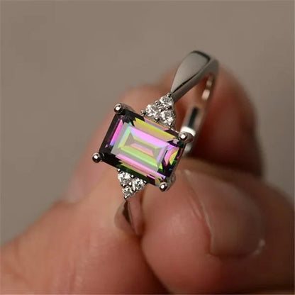 Junxin 925 Sterling Silver Rainbow Topaz Aquamarine Blue Sapphire Wedding Ring Women Fashion Jewelry Size 6 7 8 9 10