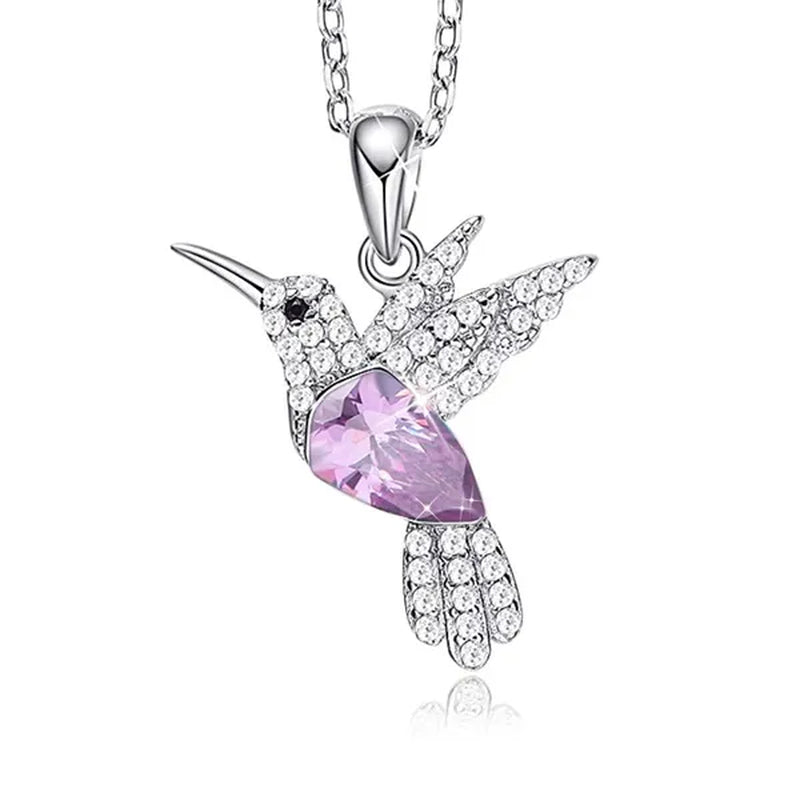 Hummingbird Silver Jewelry Set Women Pendant Necklace and Stud Earring Set Crystalsfine Animal Jewelry, Gift for Mothers Day
