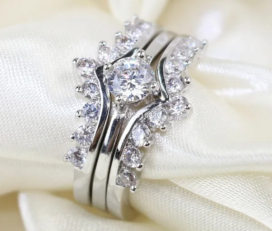 Round 5Mm 1CT CZ Bridal Sets 10KT White Gold Filled Women'S Wedding Ring 3 in 1 Band Gifts Sz 5-10