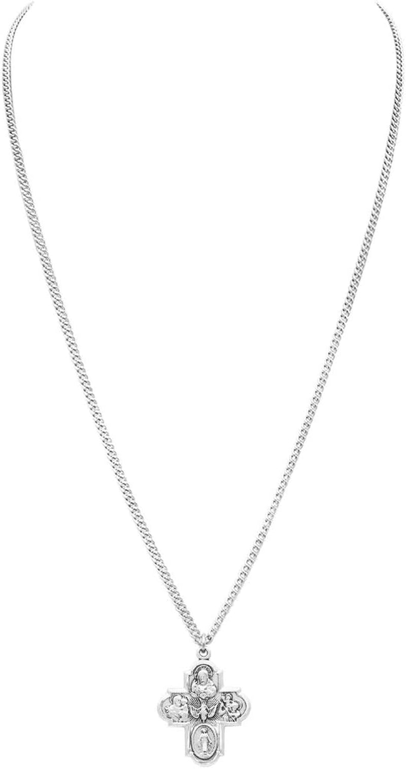 Sterling Silver Traditional Catholic Four Way Cross Medal Pendant Necklace, 24"
