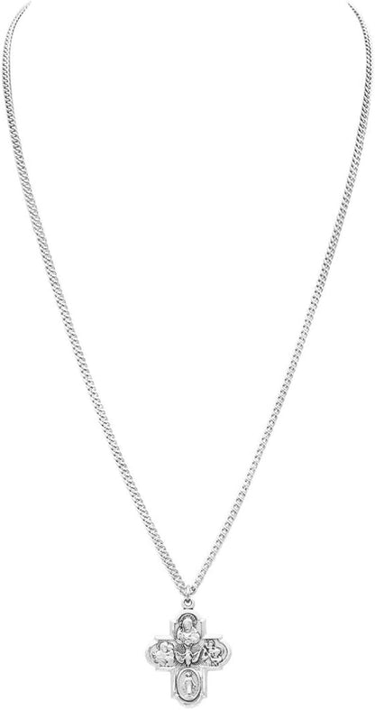 Sterling Silver Traditional Catholic Four Way Cross Medal Pendant Necklace, 24"