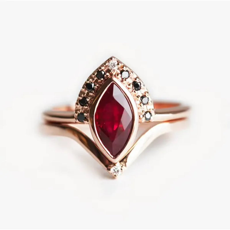 Unique Natural Rhombus 2 in 1 Ruby Engagement  Ring Marquise Bridal  Wedding Ring With Black Diamonds Women Ruby Ring Diamond Fine Jewelry Set （size 5-11）