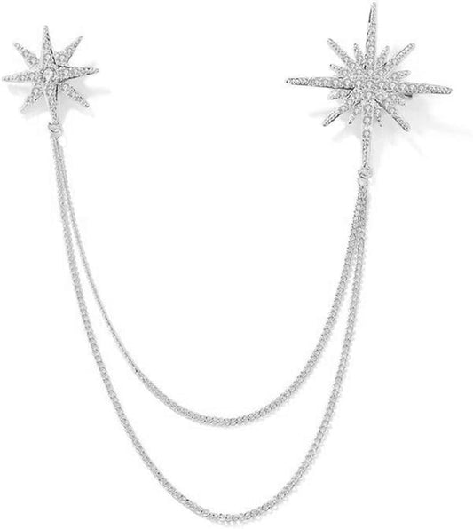 Silver Rhinestone Star Brooch for Women Girls Men Fashion Crystal Snowflake Tassel Lapel Pins Dress Suit Accessories Bouquet Dainty Jewelry Winter Holiday Dancing Party Ceremony Banquet Decoration
