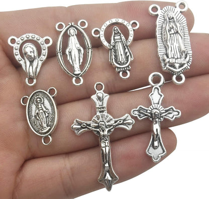 100G (60Pcs) Antique Silver Cross Jesus Maria Our Lady Miraculous Centerpiece Crucifix Medal Charms Pendants for Crafting, Jewelry Findings Making Accessory for DIY Rosary Necklace Bracelet (M154)