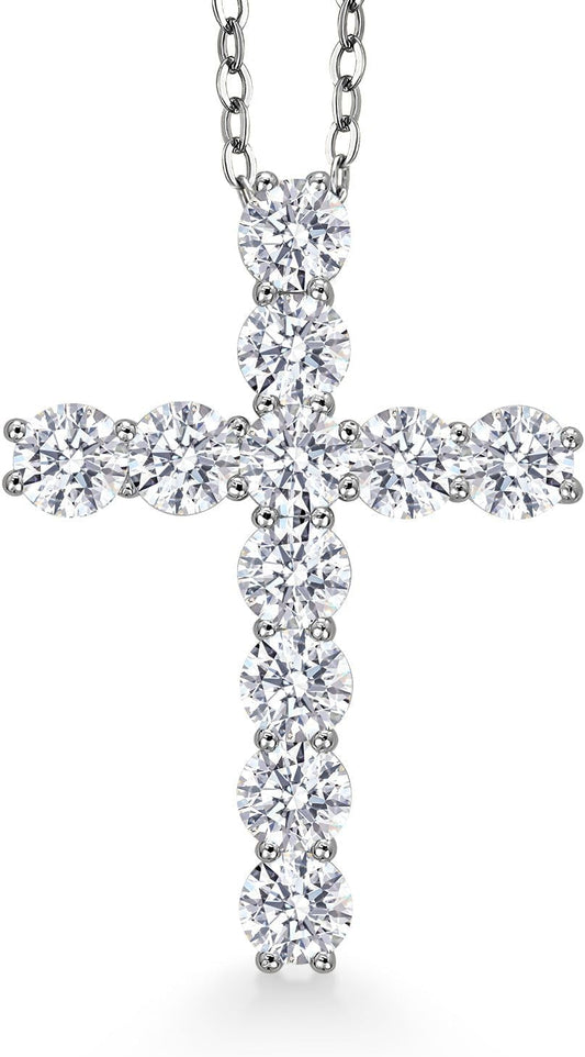 Moissanite Cross Necklace | 925 Sterling Silver | 2.53 Cttw | 1.20 Inch | Jesus Christian Religious Crucifix Jewelry Pendant Necklace for Women | with 18 Inch Silver Chain