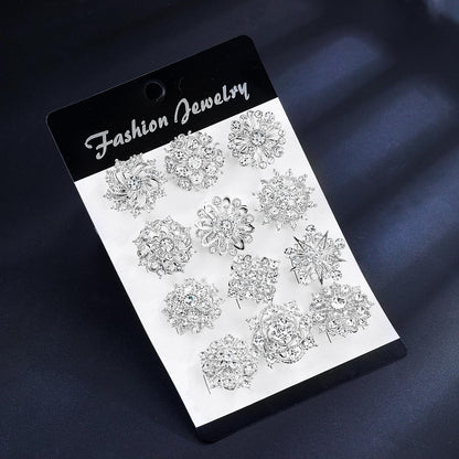 Assorted Small Size Crystal Rhinestone Flower Brooch Pins Set for Crafts Embellishment, Wedding Bouquet Brooches for Women Fashion