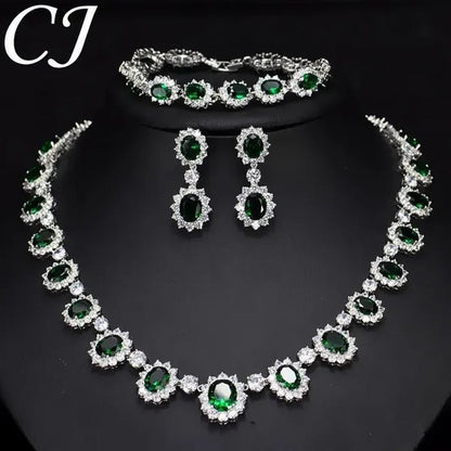 CANDICE Elegant Red Wedding Jewelry Set Micro CZ Stone Paved Oval Crystal Drop Earrings Bracelet and Necklace Sets for Bride