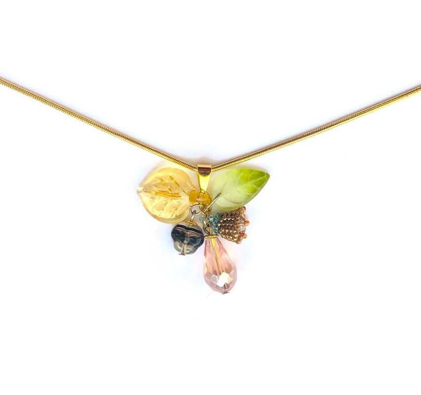 Beadwoven Lily Flower Cluster, Ombre Glass Leaf, Beige Pink Floral Crystal Briolette Pendant, Gold Filled Long Snake Chain