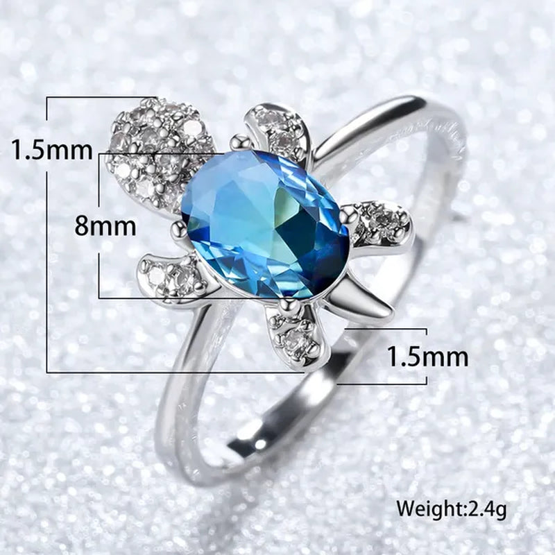 Rainbow Stone Turtle Rings Cute Animal Sea Turtle Ring White Sapphire Diamond Ring Ocean Style Turtle Aquamarine Crystals Rings for Women and Men Birthday Party Anniversary Gift Wedding Engagement Ring Jewelry 14 Colors Size 5-11