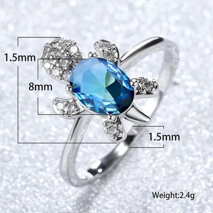 Rainbow Stone Turtle Rings Cute Animal Sea Turtle Ring White Sapphire Diamond Ring Ocean Style Turtle Aquamarine Crystals Rings for Women and Men Birthday Party Anniversary Gift Wedding Engagement Ring Jewelry 14 Colors Size 5-11