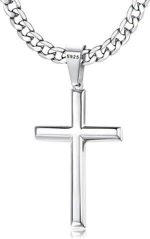 925 Sterling Silver Cross Necklace Beveled Edge for Men Women 5Mm Stainless Steel Non Tarnish Durable Cuban Link Curb Chain Crucifix Pendant Necklace Jewelry 16-30 Inches Christian Baptism Gifts