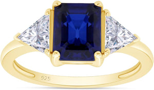 14K Gold Plated 925 Sterling Silver Emerald Cut Blue Sapphire with Trillion White Topaz Ring for Women Statement Jewelry, Gift for Her