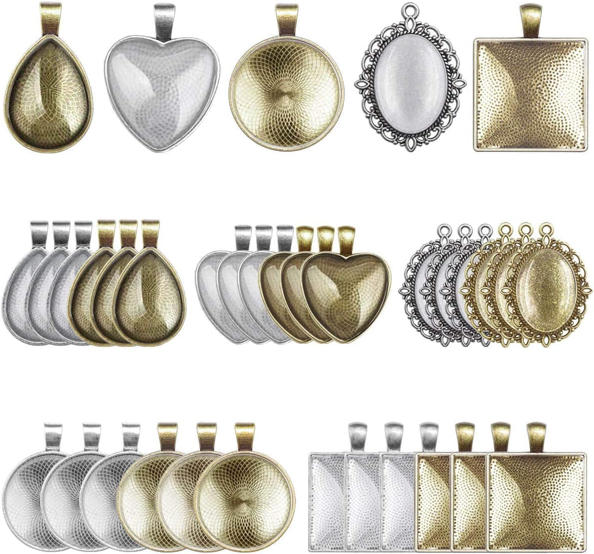60Pcs Pendant Trays, Bezel Pendant Trays Blanks with Glass Cabochons for Pendants Making and Jewelry Making, 5 Styles