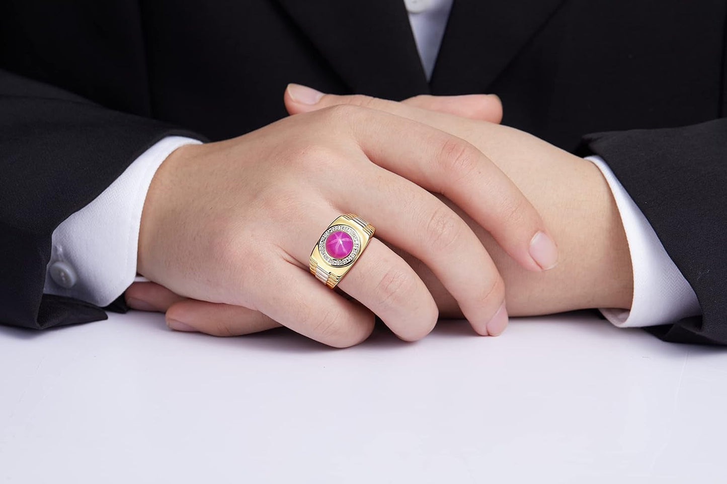 Men'S Rings 14K Yellow Gold Ring: round Shape Cabochon Gemstone & Diamonds - Designer Style Rings for Men, Sizes 8-13. Exquisite Men'S Jewelry!
