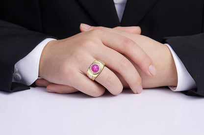 Men'S Rings 14K Yellow Gold Ring: round Shape Cabochon Gemstone & Diamonds - Designer Style Rings for Men, Sizes 8-13. Exquisite Men'S Jewelry!