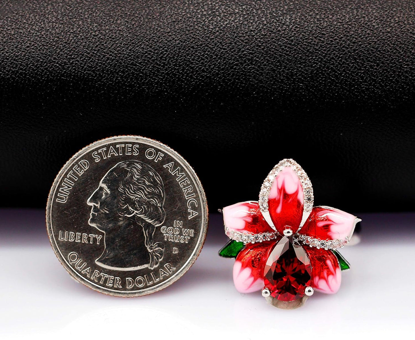 Beautiful Red Enamel Rose Ring for Women Blossom Flower Rings with Pear Cut Cubic Zirconia Cocktail Summer Ring RA627