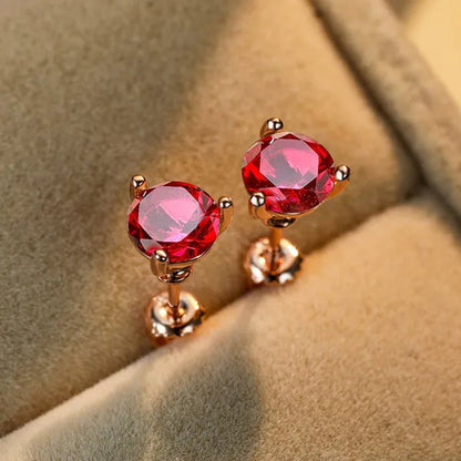 18K Gold Three-Prong Martini Round Ruby Stud Earrings Bride Wedding Engagement Jewelry Gifts 7mm/8mm