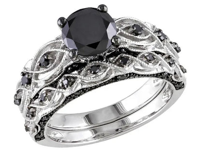 1.39 Carat (ctw) Black Diamond Engagement Ring and Wedding Band Set in 10K White Gold