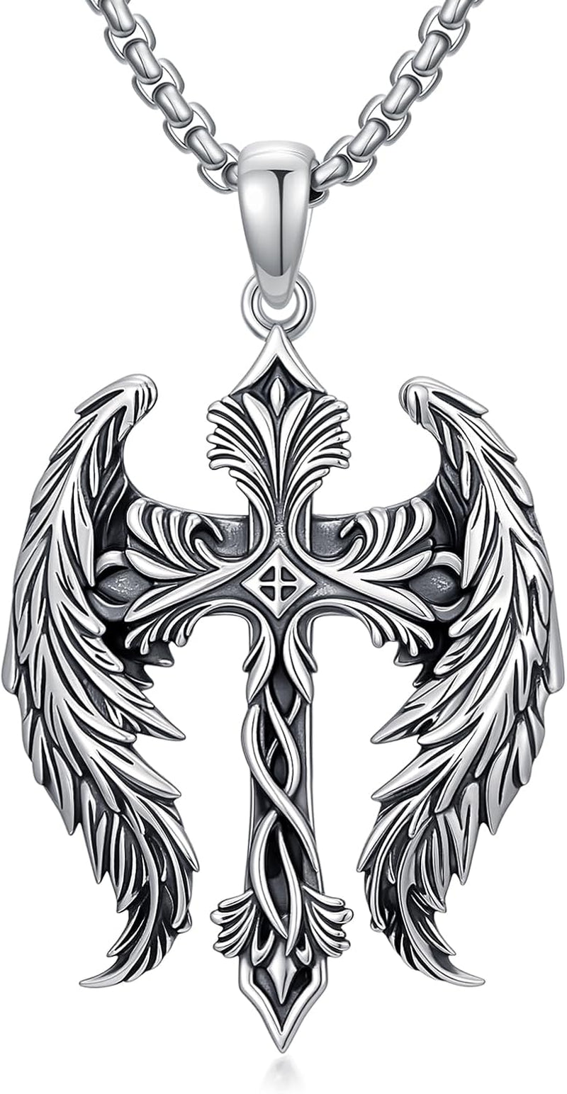 Cross Wings Necklace for Men Women S925 Sterling Silver Guardian Angel Wings Cross Pendant Necklaces Gifts for Men Angel'S Wing Jewelry Birthday Gift 20+2 Inch Stainless Steel Chain