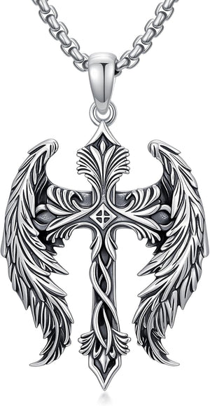 Cross Wings Necklace for Men Women S925 Sterling Silver Guardian Angel Wings Cross Pendant Necklaces Gifts for Men Angel'S Wing Jewelry Birthday Gift 20+2 Inch Stainless Steel Chain