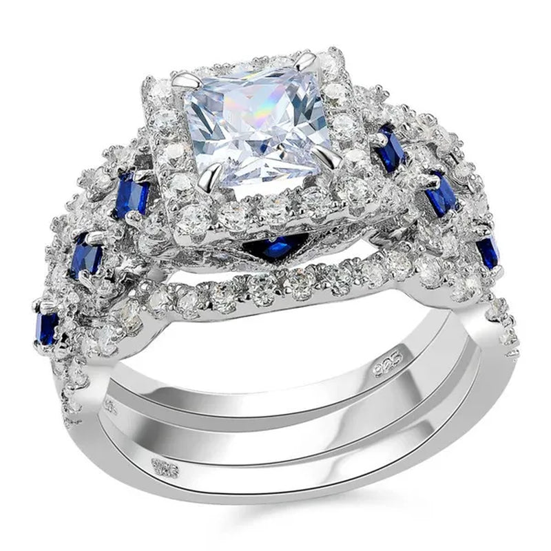 Newshe 3Pcs Princess Halo CZ Wedding Engagement Ring Sets Vintage Style Bridal Sets for Women 925 Sterling Silver Sz 4.5-13