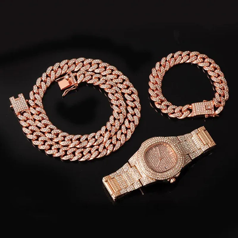 Hip Hop Iced Out Paved Rhinestones 13MM Full Miami Curb Cuban Chain CZ Bling Rapper Necklaces Bracelet Watch for Men Jewelry Set