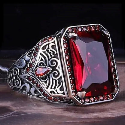 Ring Men's Retro Ethnic Texture Inlaid Large Grain Sapphire, Ruby, Black Gem, Emerald Ring, Domineering Fashion Jewelry Accessories, Father's Day Boyfriend Memorial Day Gift, Party Business Casual Jewelry