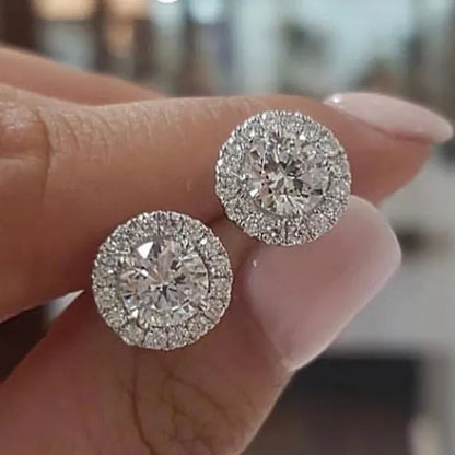 1.25ct Round Moissanite White Diamond Halo Brilliant Cut Stud Earrings 18K White Gold Earrings