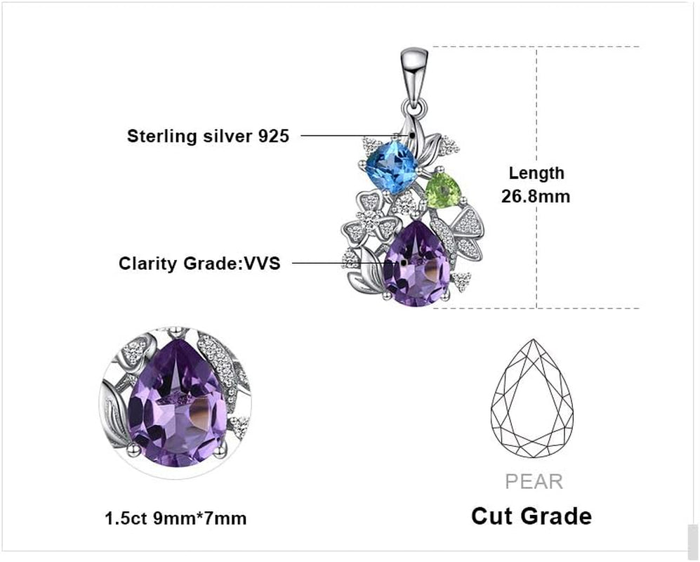Flower Genuine Amethyst Peridot Blue Topaz Pendant Necklace for Women, Multicolor 925 Sterling Silver Necklaces, Natural Gemstone Jewelry Sets 18 Inches Chain
