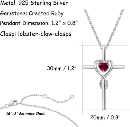 Birthstone Cross Necklace for Women Birthstone Necklace Heart Infinity Cross Pendant Necklace Fine Jewelry Christmas Valentines Day Gifts Birthday Holiday Gifts for Her, 16"+2" Inches