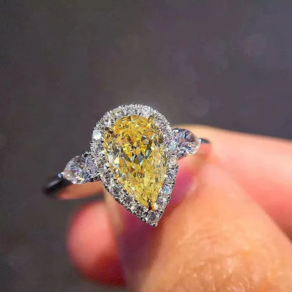 Women Fashion Silver Plated Teardrop Citrine Lab Diamond Wedding Engagement Ring for Women Natural Gemstones Jewelry Ring Size 6-10