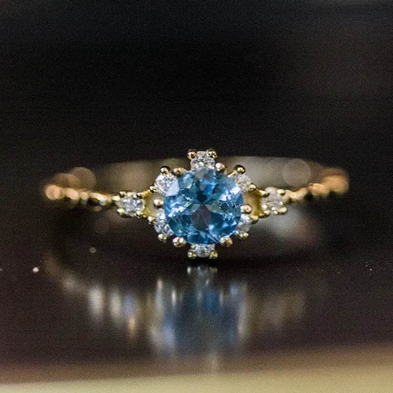 Women Dainty Seablue Sapphire Gemstone Diamond 18k gold plated  plated Rings Wedding Engagement Courtship Ring Accessories