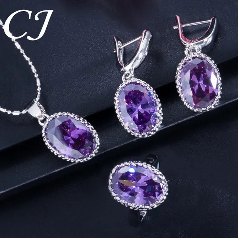 CANDICE Elegant Engagement Accessories Big Oval Cut CZ Stone Silver Necklace Earrings Ring for Bridal Wedding Bling Jewelry Set (US 6-9)