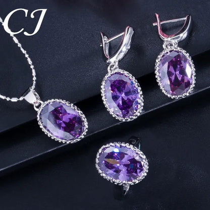 CANDICE Elegant Engagement Accessories Big Oval Cut CZ Stone Silver Necklace Earrings Ring for Bridal Wedding Bling Jewelry Set (US 6-9)