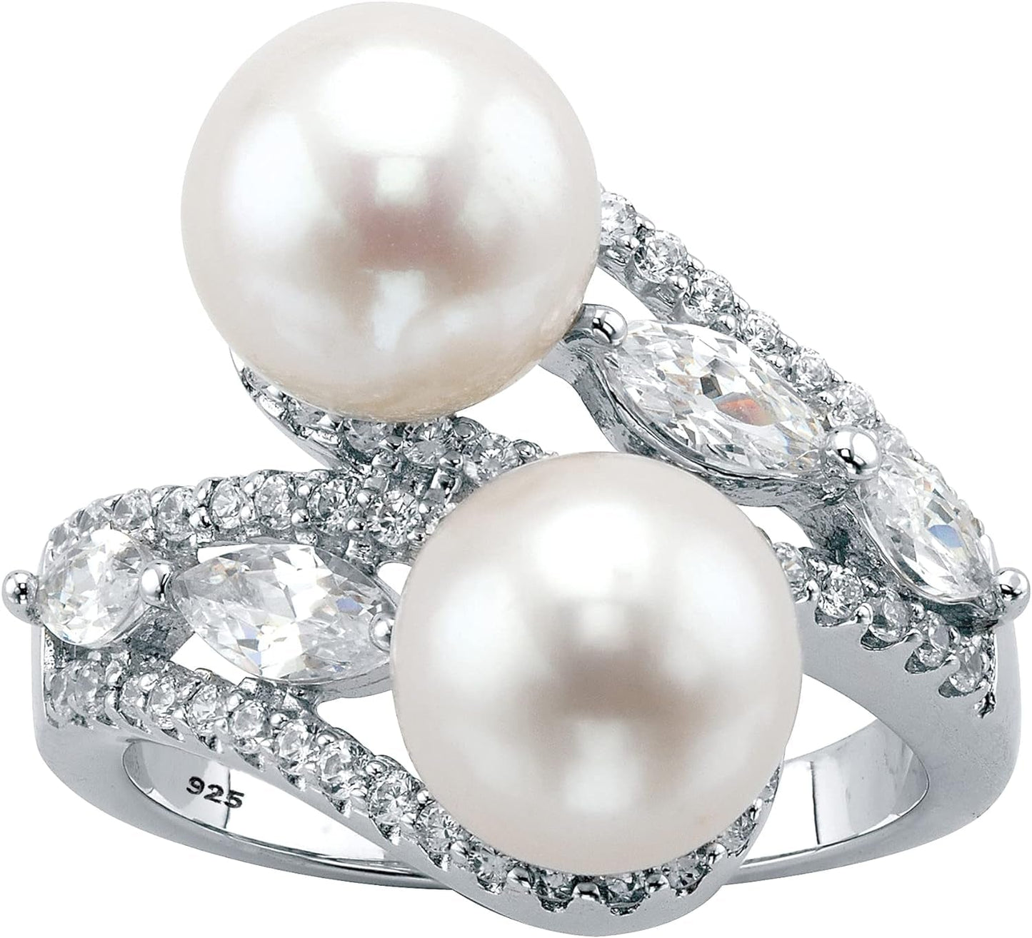 Palmbeach Jewelry Gold-Plated or Sterling Silver round Genuine Cultured Freshwater Pearl with Marquise Cubic Zirconia Bypass Ring