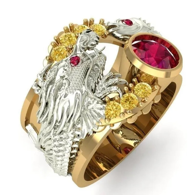 New Classic Fashion Men'S 14K Gold Ring Two-Tone Wrap Dragon 925 Sterling Silver Party Ruby Men'S Engagement Wedding Ring Jewelry Hip Hop Style Bracelet Size 5-14