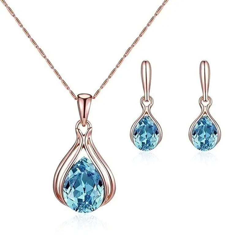 3PCS / Set New Luxury Design Luxury Wedding Pendant Earrings Rose Gold Green Blue Gem Necklace Earring Crystal Pendant Set Jewellery Set