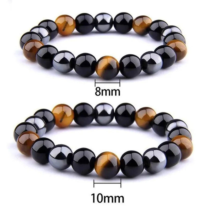 Men'S Fashion Natural Stone Bracelet Tiger Eye Triple Protection Hematite and Black Obsidian Bracelet Gift Jewelry