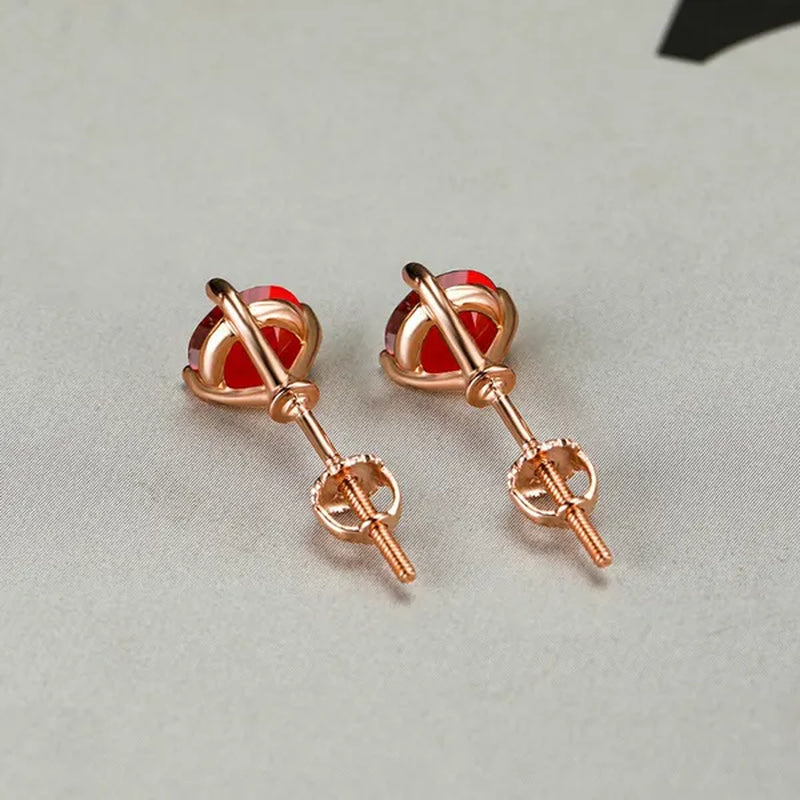 18K Gold Three-Prong Martini Round Ruby Stud Earrings Bride Wedding Engagement Jewelry Gifts 7mm/8mm