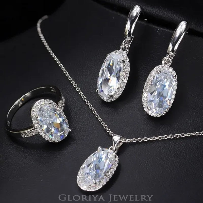Gloriya Wedding/Bride Noble Jewelry High Quality Silver Plated Women's/Girl's Red AAA Cubic Zirconia Rings Chain Necklace Earrings Wedding Jewelry Sets Christmas Gifts