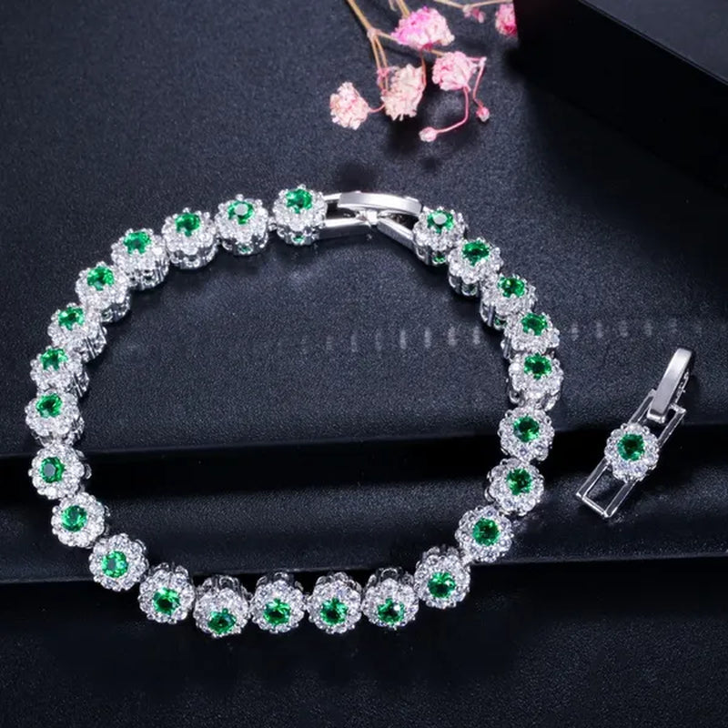 Gloriya Exquisite Silver Plated Fashion Hand Jewelry Pave Twinkling Multi Color Cubic Zirconia Crystal Party Flower Tennis Bracelet for Women (Free Extension)