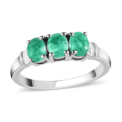 Shop LC Emerald White Diamond Oval 925 Sterling Silver Platinum Plated Trilogy Ring for Women Ct 0.92