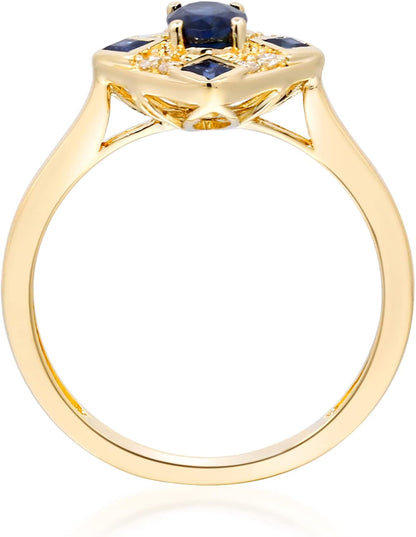 10K Yellow Gold Genuine Blue Sapphire Ring with Diamonds for Women | Ethically, Authentically & Organically Sourced (Oval-Cut) Shaped Sapphire Hand-Crafted Jewelry for Her | Sapphire Ring for Women