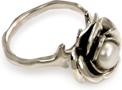 Artisan Handmade Pearl Flower Ring Crafted Sterling Silver White Single Stone Indonesia Floral Birthstone Peace [Crownbezel 0.4 in H X 0.6 in Diam. Band Width 2 Mm W] ' White Rose'